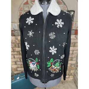 Christmas cardigan sweater snow globe embroidered beaded fuzzy collar